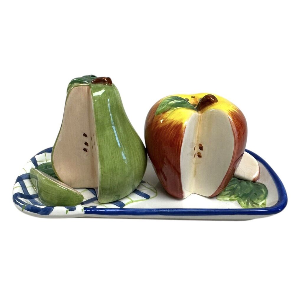Bella Casa By Ganz Ceramic Apple & Pear Salt‎ & Pepper Shakers With Tray Novelty